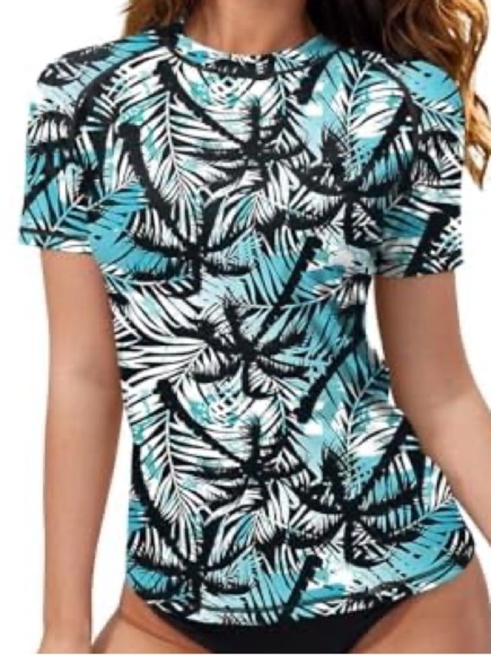 BesserBay Black/White/Turquoise Tropical Short-Sleeve Swim/Rash Guard in Small